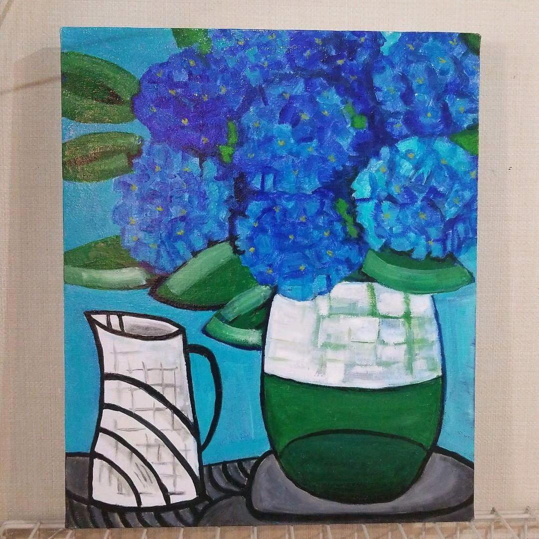 油絵　あじさいを差したテーブル