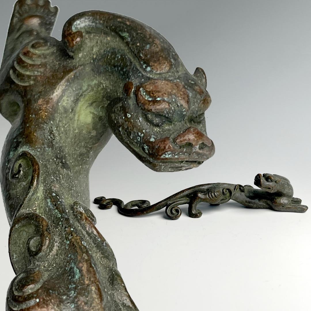 古銅 龍獅子筆架 文鎮 筆置 置物 文房具 中国古玩 中国美術 唐物 擺件