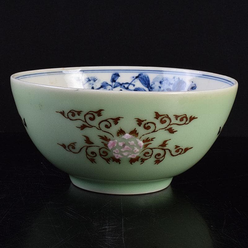 瀬戸焼　陶玉園　加藤五助製　染付　漢詩花文　鉢　合わせ箱　M　R9444