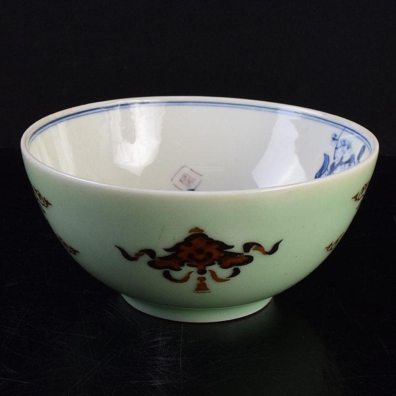 瀬戸焼　陶玉園　加藤五助製　染付　漢詩花文　鉢　合わせ箱　M　R9444