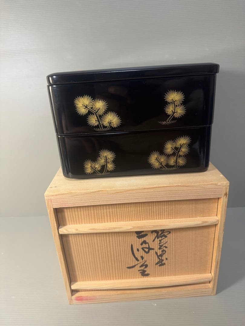 2445 輪島塗　金蒔絵　松鶴文　二重箱