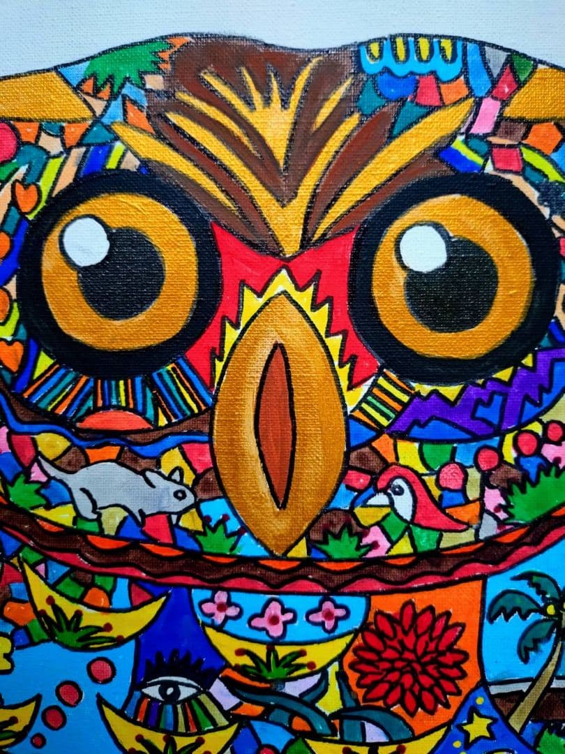 【F6号】ジミー大西【森フクロウ】手描き/表裏サイン/油彩/アクリル/絵画/額縁