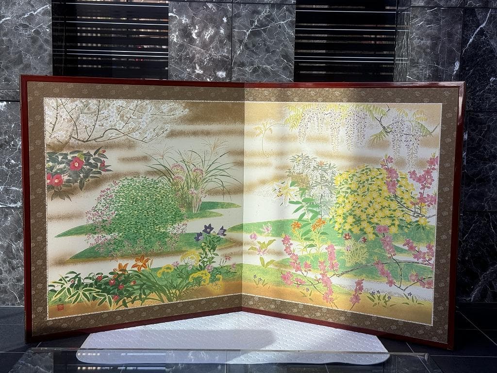 百花繚乱！「万葉百花百草」装飾銅金具付　二曲屏風　木下章