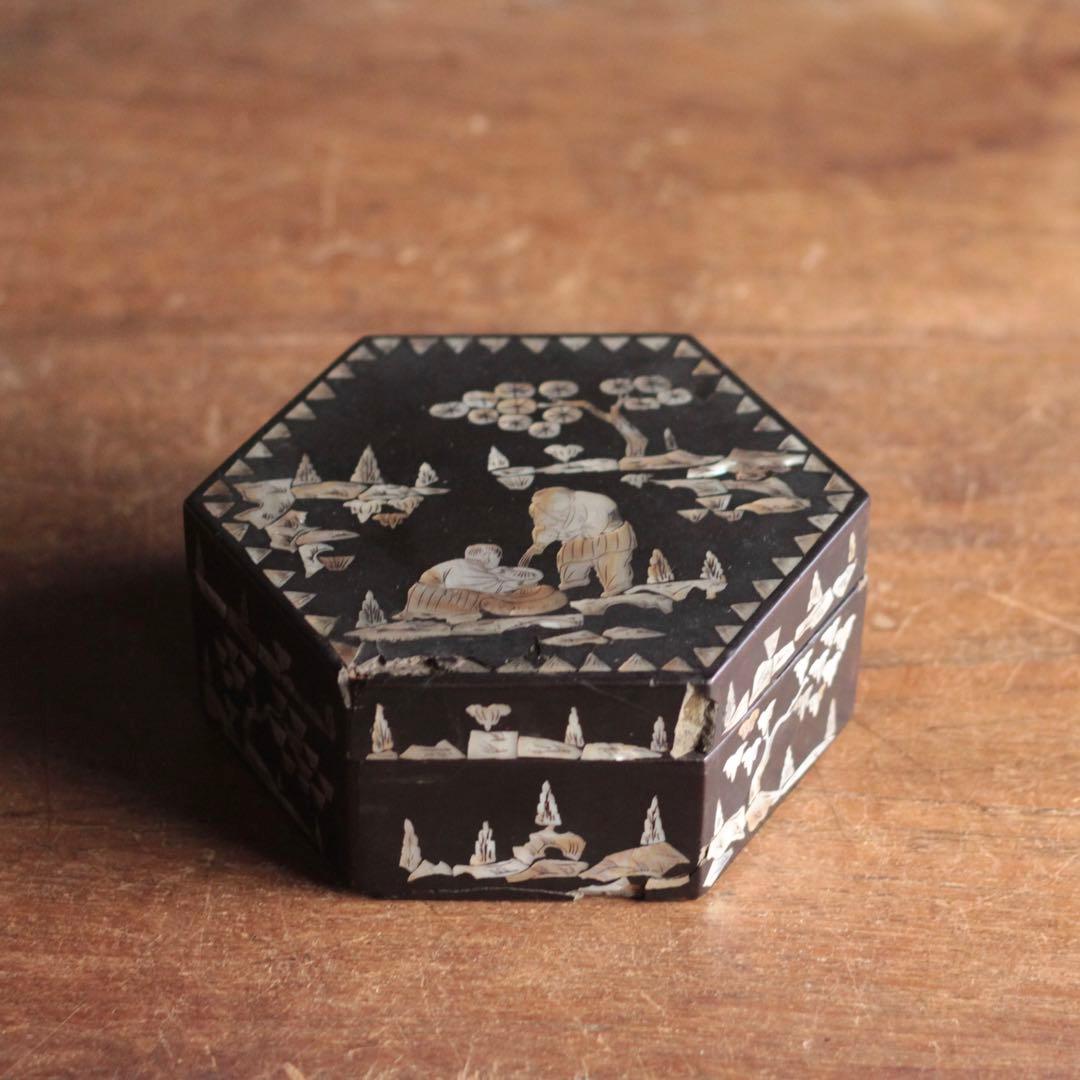 李朝 螺鈿 六角 蓋物 朝鮮美術 古美術 古道具 アンティーク