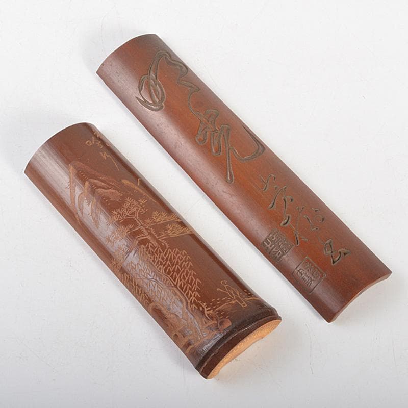 茶道具　古竹　漢詩刻　山水人物刻　茶合　碗鎮　在銘　2点まとめて　M　R6743