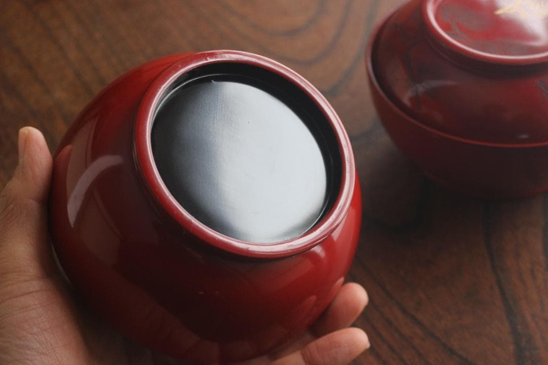 保管傷有！時代朱漆に風情ある富士松沈金の映えるお椀2点（検輪島塗蒔絵椀煮物椀