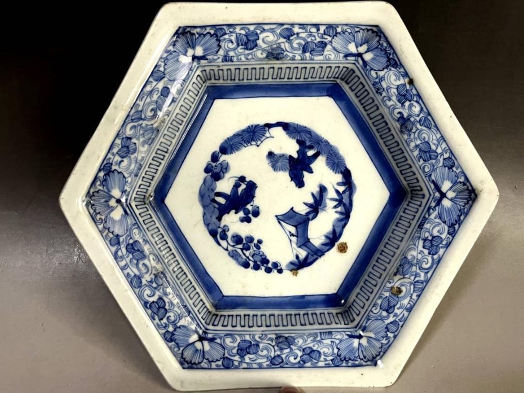 皿■染付花唐草文六角皿 松竹梅 (江戸期) 青華 凱 古伊万里 時代物 骨董品■