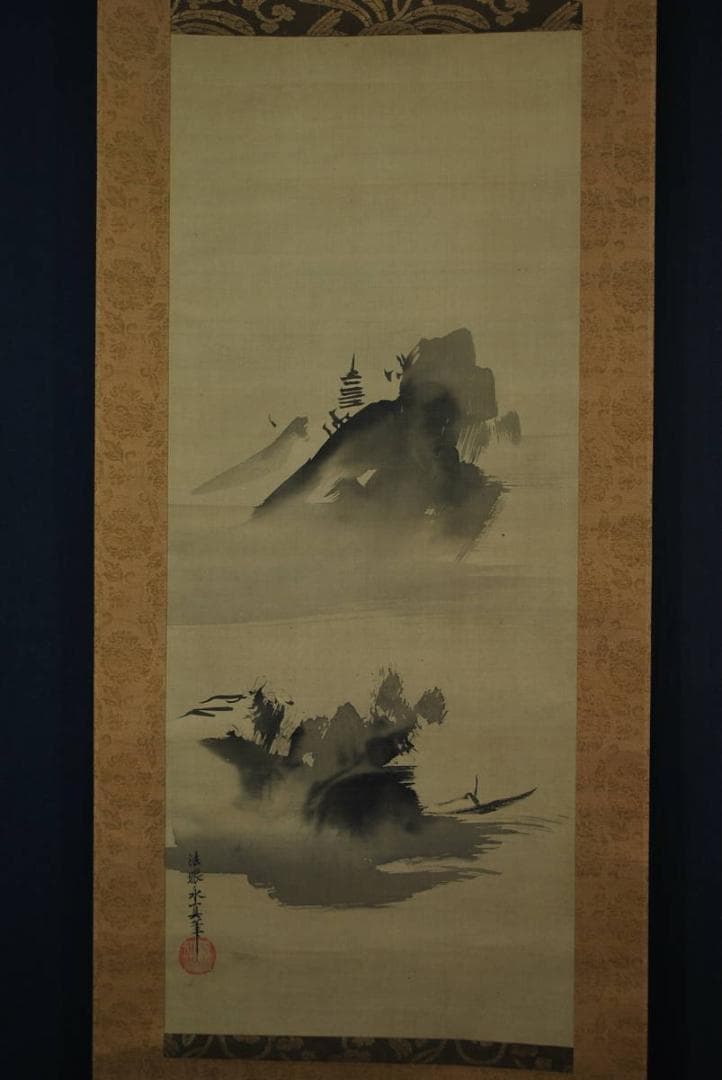 【真作】狩野安信/山湖図/山湖漁舟図/掛軸/名家伝来/K-339 J