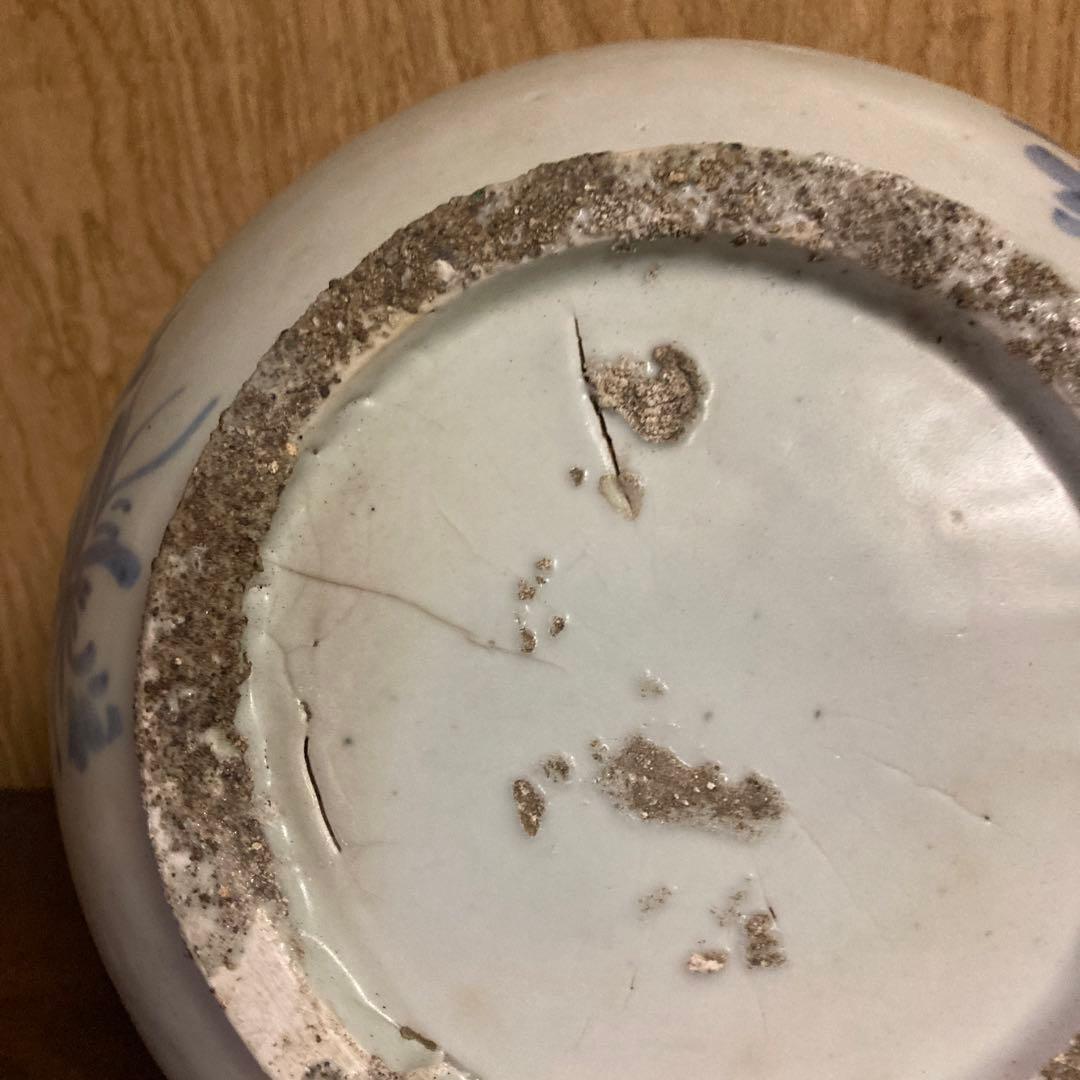 李朝　染付　壺　草花図