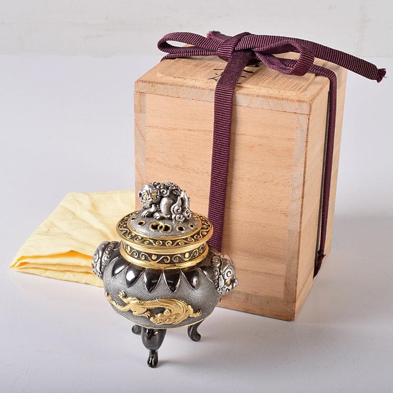 専用　高岡銅器　八代住　釘谷洞石作銀製獅子龍香炉約260g　共箱　L　R8429