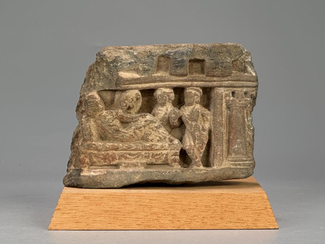 仏教美術石彫　2～3世紀陀羅　ガンダーラ　浮彫断片　仏教叙事　摩耶夢　片岩彩色痕