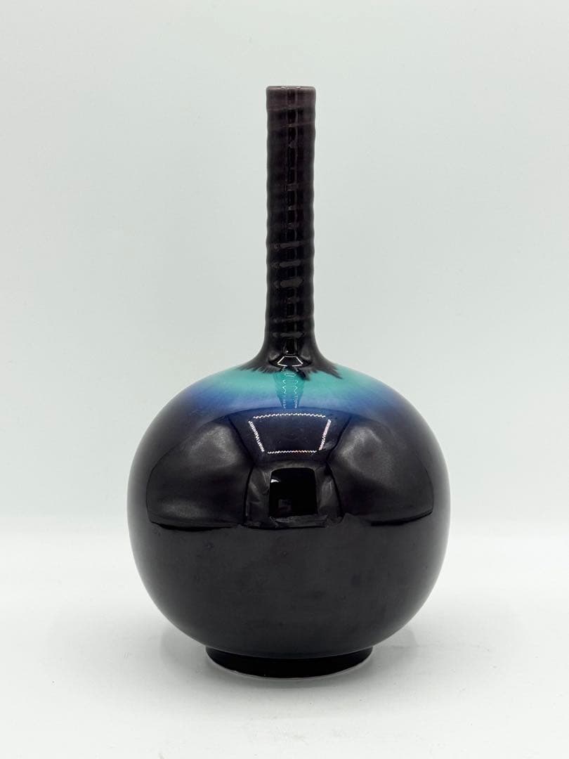 【人間国宝 三代徳田八十吉】花入 青釉壺 九谷焼 共箱・布・栞付き 正彦作 美品