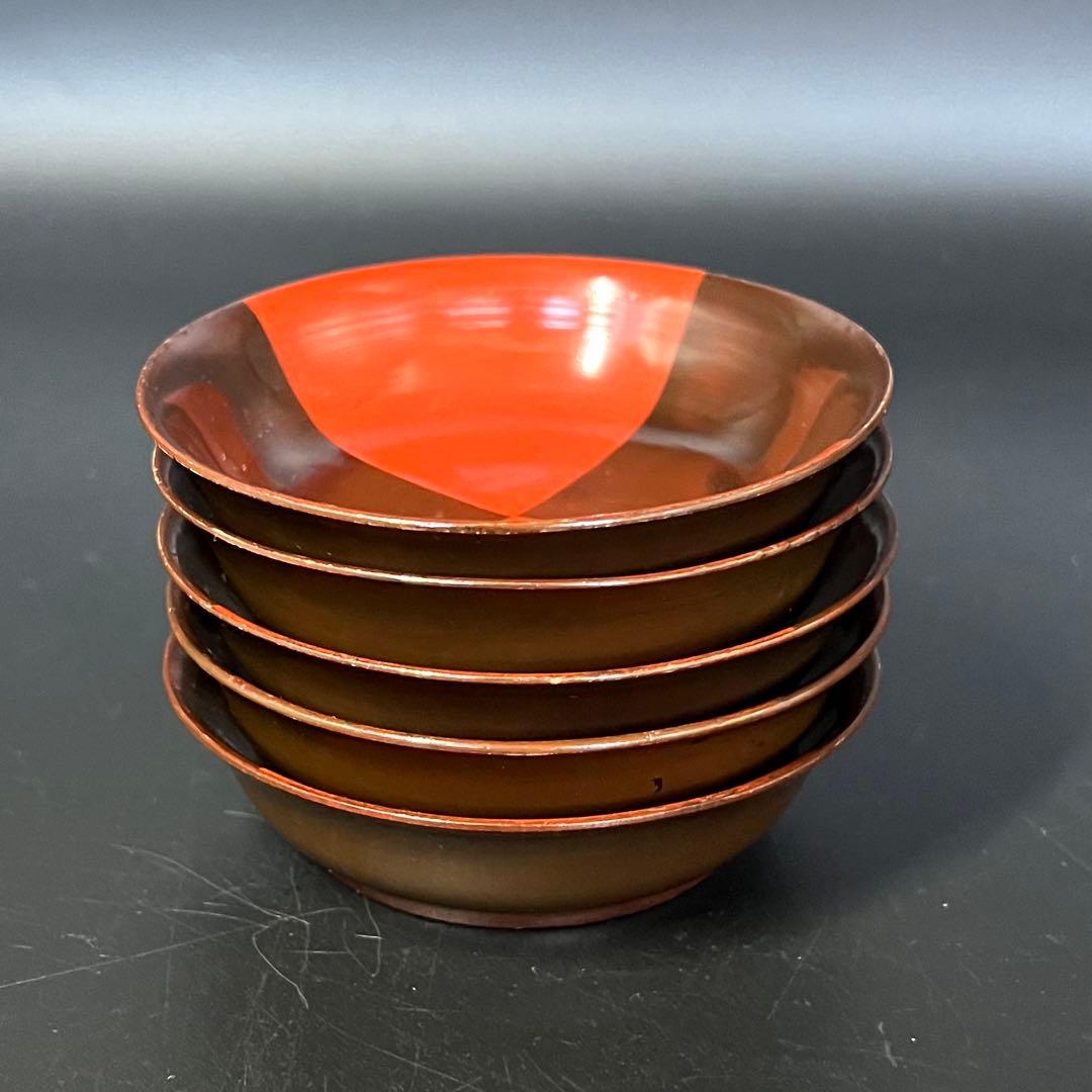 江戸後期 朱黒市松文 片身替 菓子皿 五客揃い 数寄者好み 漆皿 漆器 茶道具