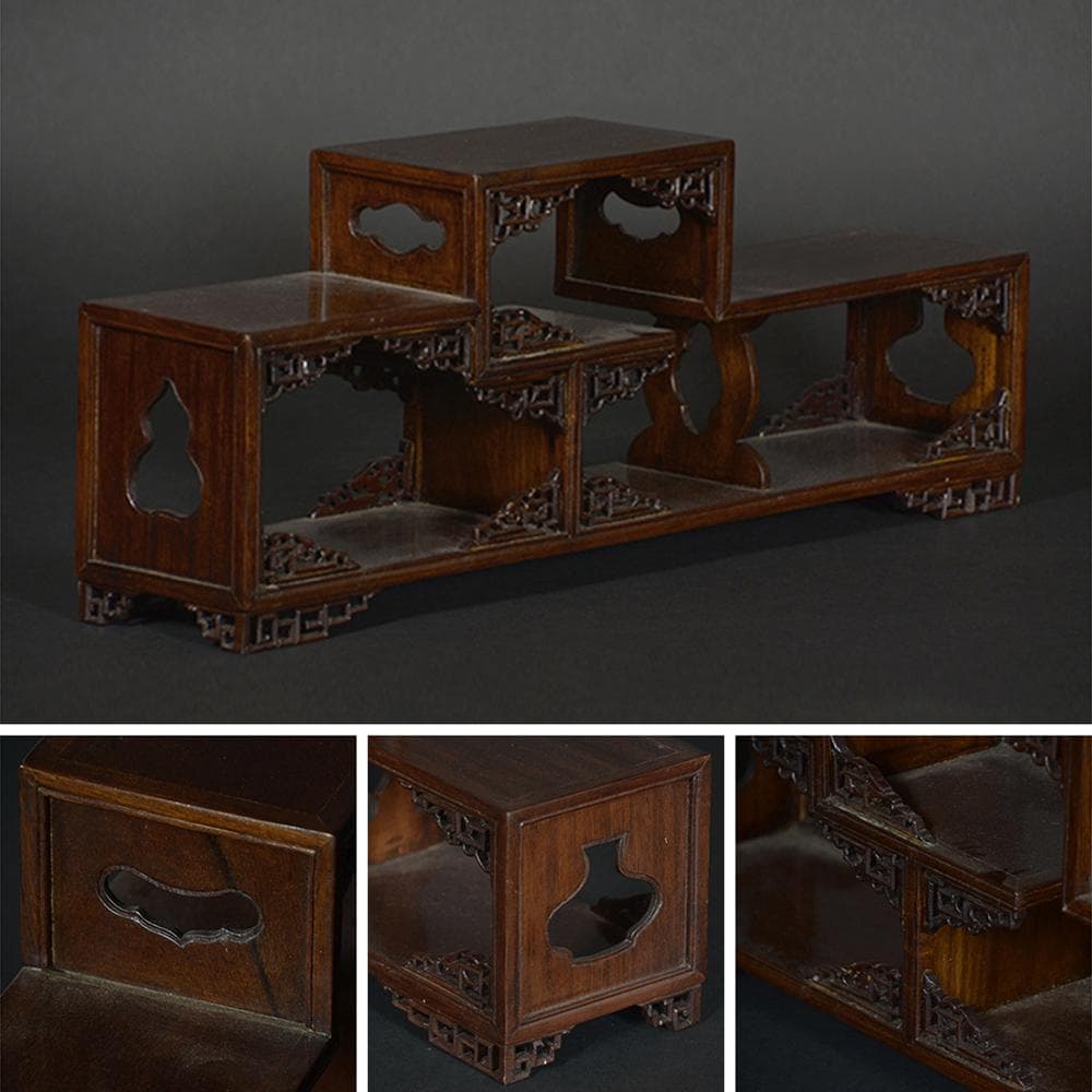 【木】　★ 文房 紅木透彫草龍紋小博古架 ★　清朝期　如意 彫刻文様　蘇工木作