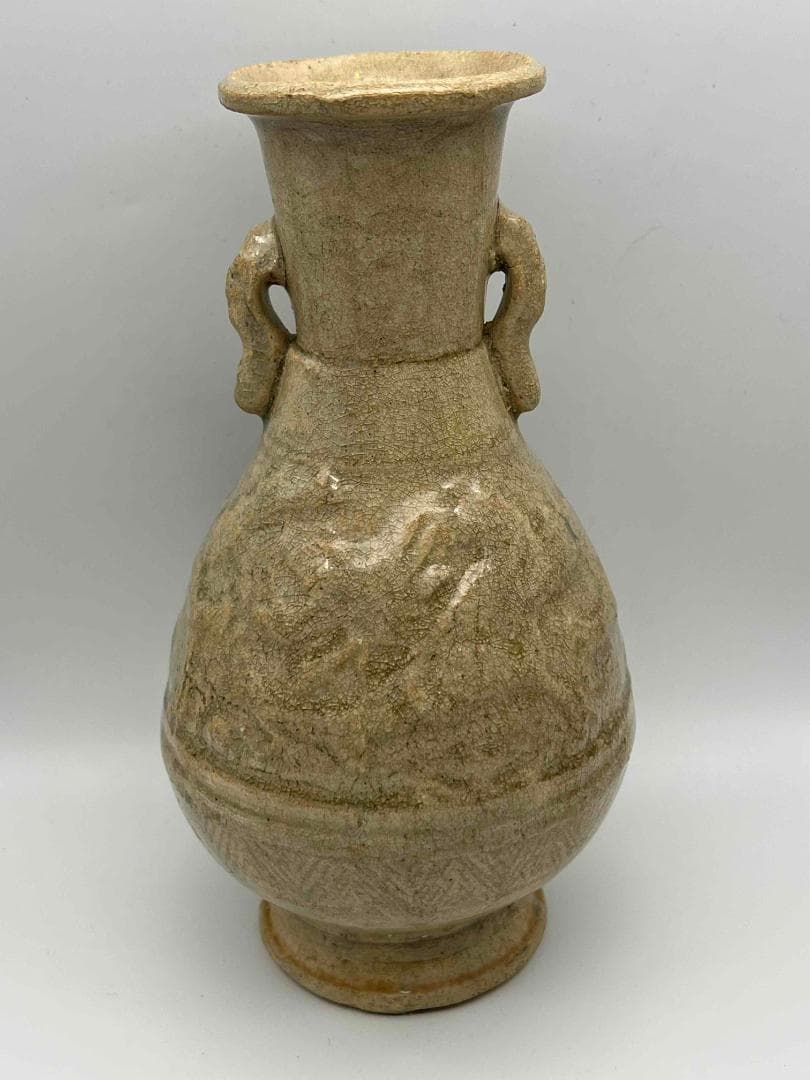 北宋時代　青白磁刻花龍文双耳瓶　景徳鎮　影青　唐物　古賞物(E-27)