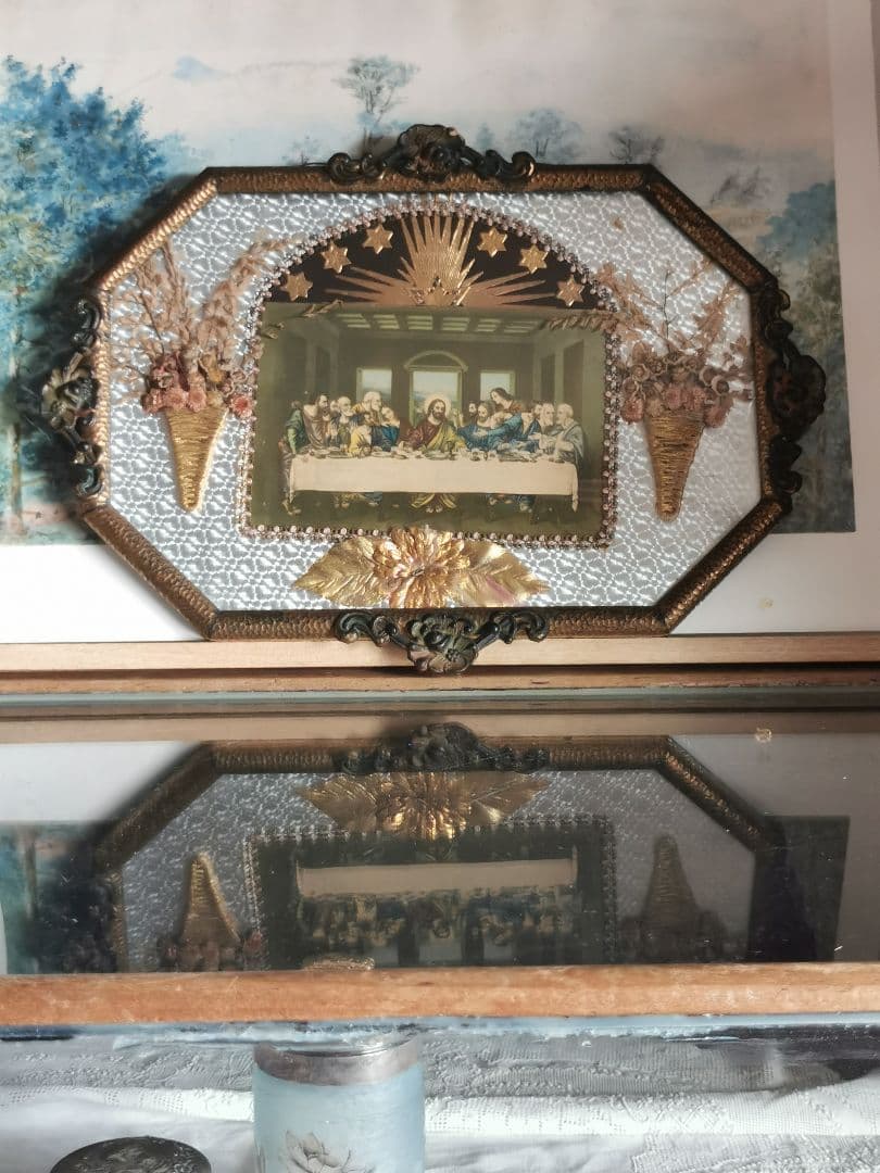 アンティーク 最後の晩餐 ドームガラス ドライフラワー オルモル装飾風銅のパネル