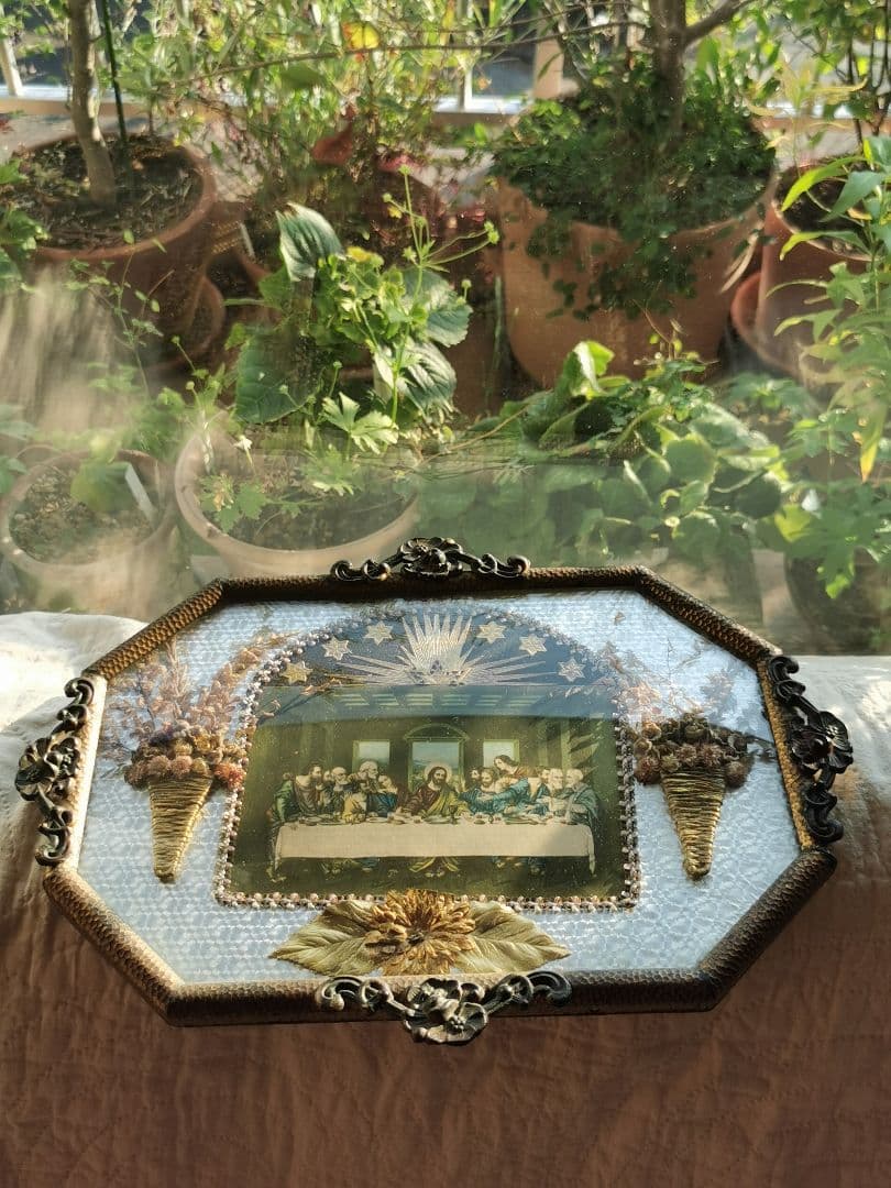 アンティーク 最後の晩餐 ドームガラス ドライフラワー オルモル装飾風銅のパネル