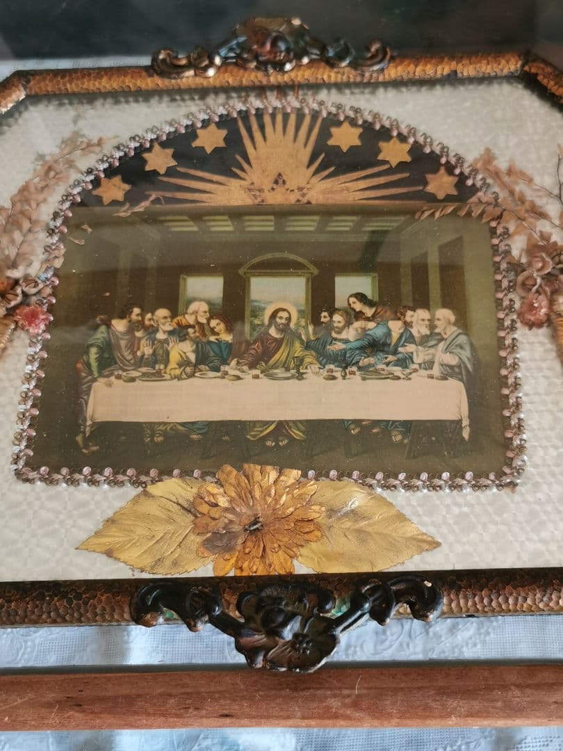 アンティーク 最後の晩餐 ドームガラス ドライフラワー オルモル装飾風銅のパネル