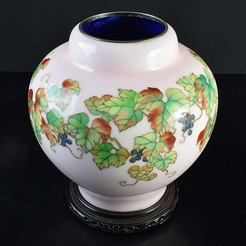 AAA安藤七宝店純銀刻印　桜釉　葡萄文瓶　唐木台・木箱付　H　R8810B