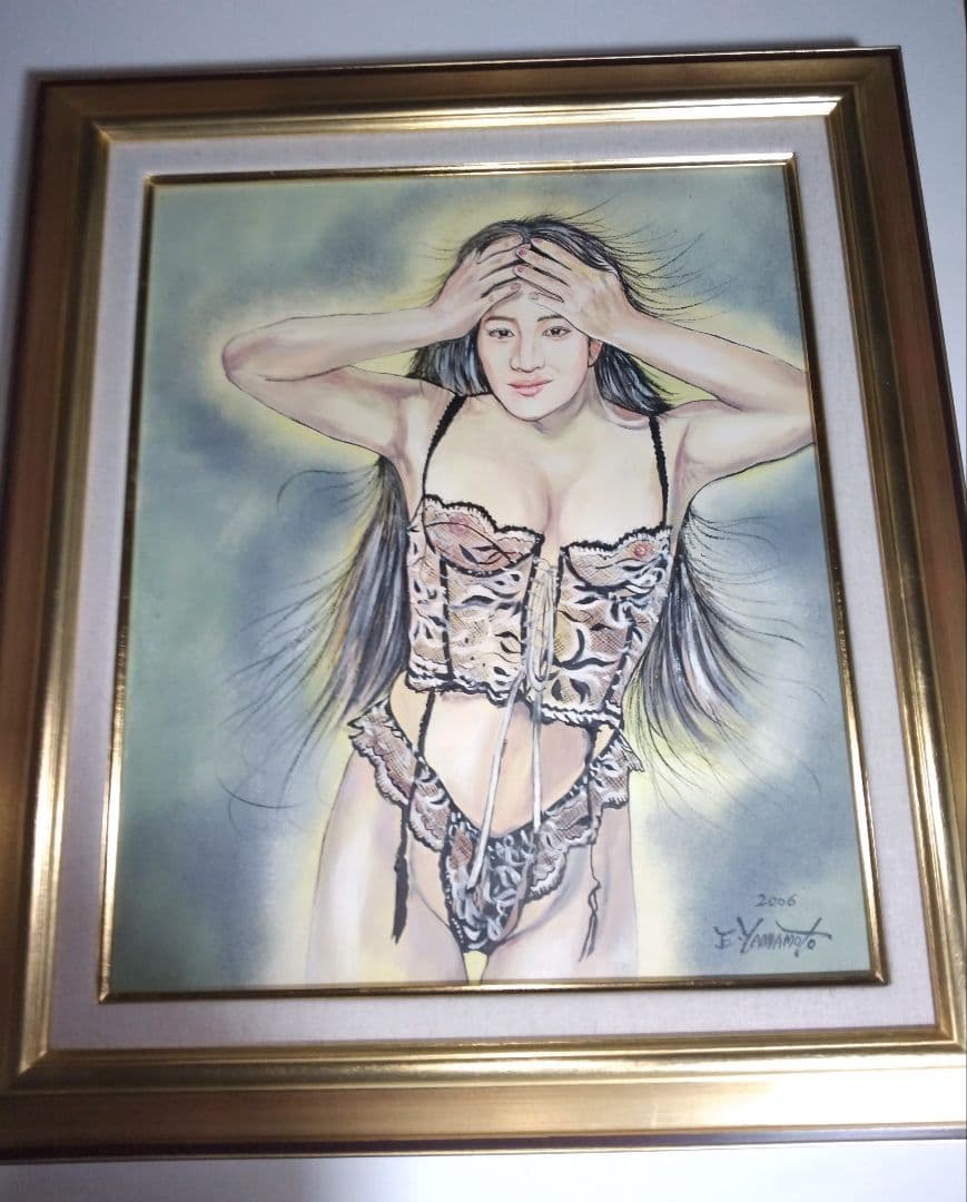 裸婦、美人画、油彩8号、山本英二しなりk真作、肉筆、新品額縁、高塚省吾、