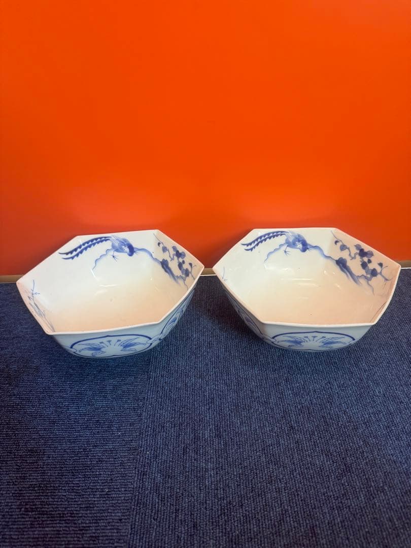 1885 香蘭社　染付鳳凰文　六角深鉢　2客　時代物