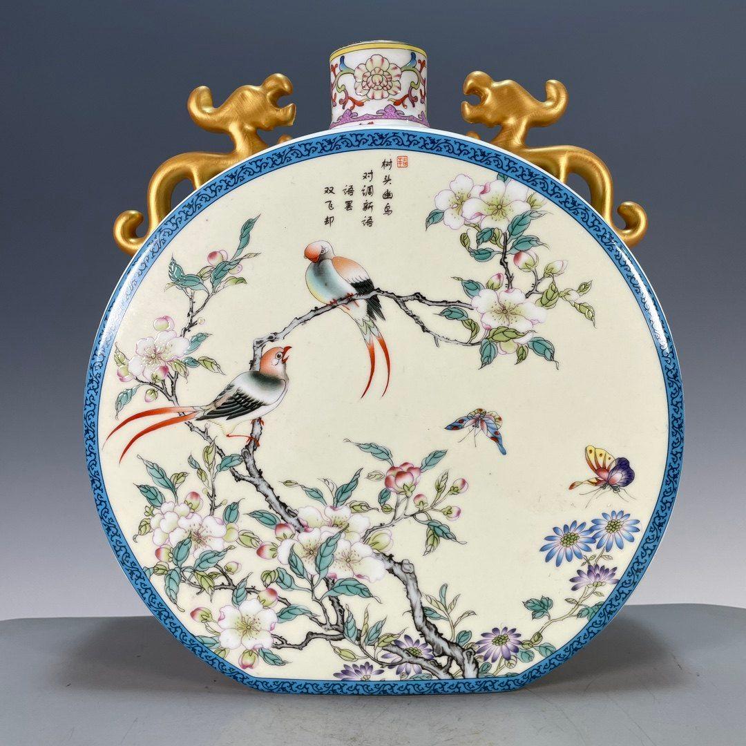 粉彩琺瑯彩花鳥チ竜鎏金双耳抱月瓶扁瓶 景徳鎮 陶磁器 装飾品現代工芸品美術品置物