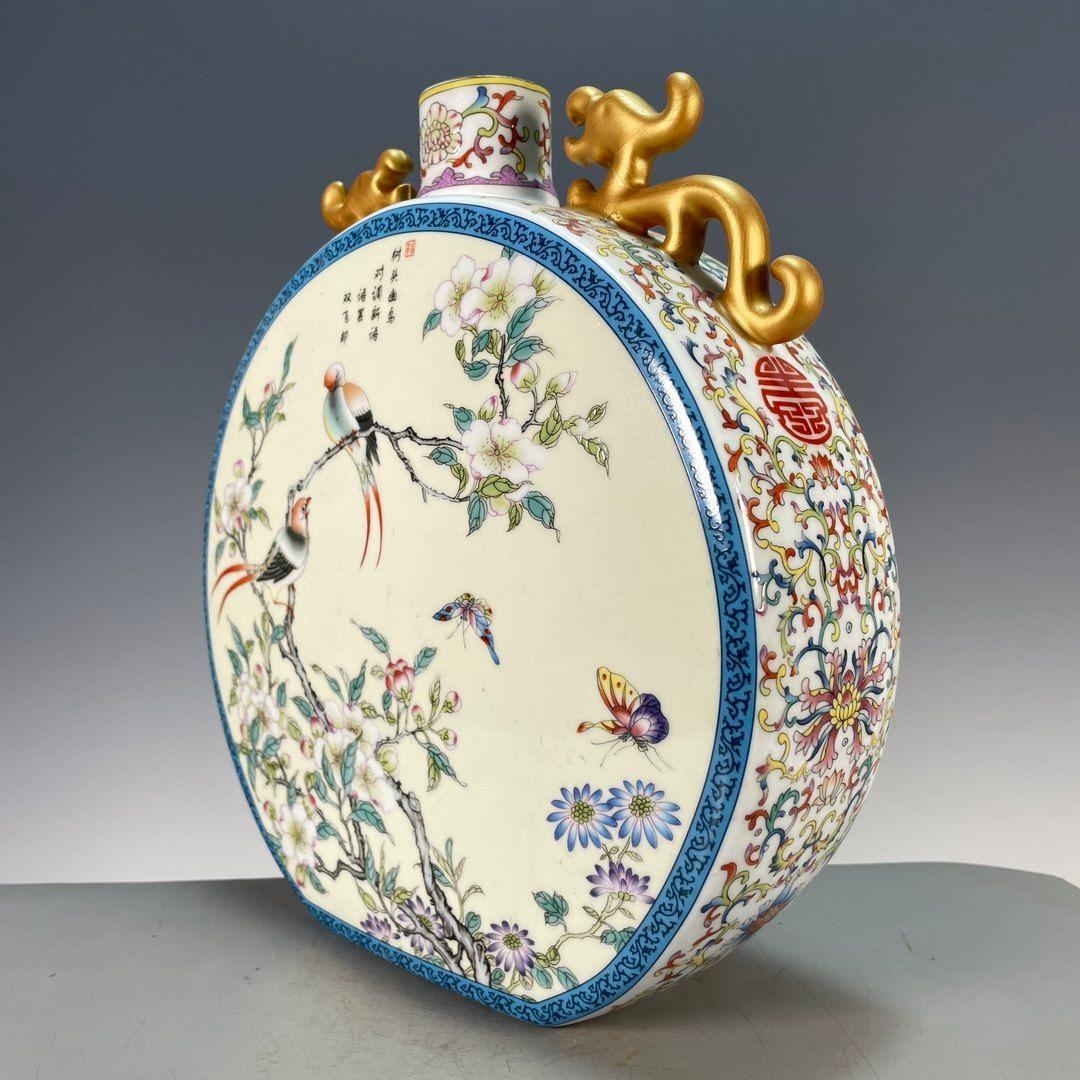 粉彩琺瑯彩花鳥チ竜鎏金双耳抱月瓶扁瓶 景徳鎮 陶磁器 装飾品現代工芸品美術品置物