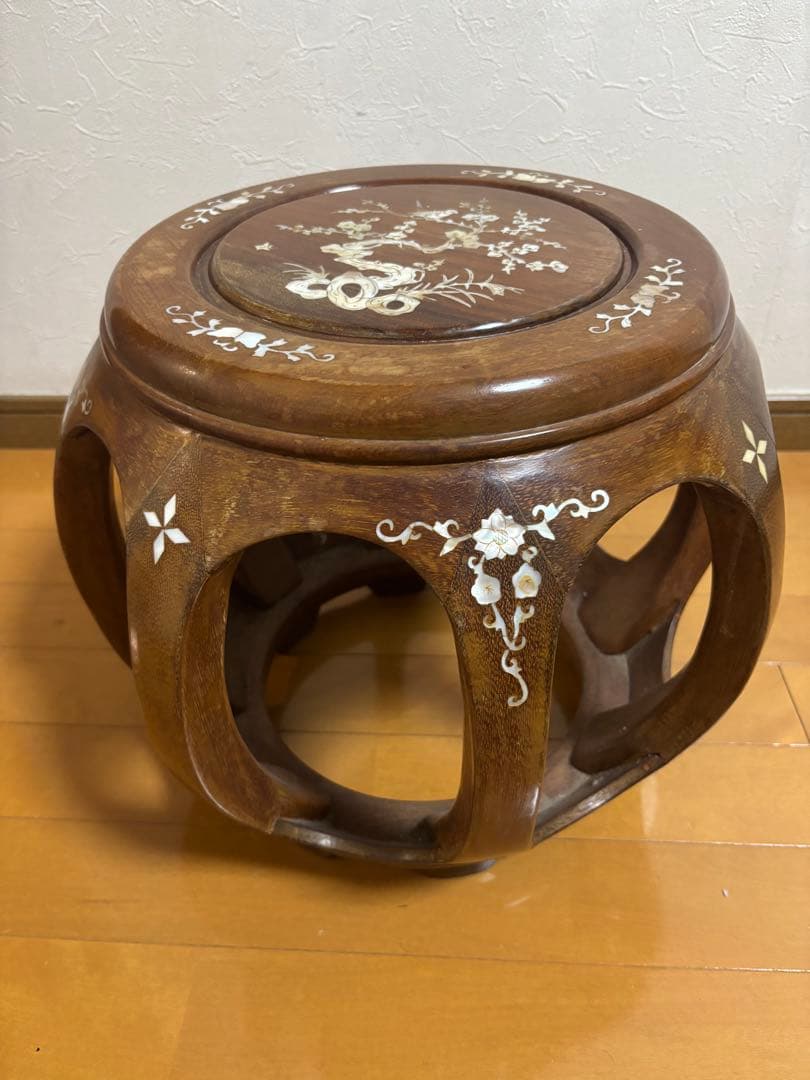 【美品】花梨 螺鈿細工 丸椅子 スツール 腰掛け 中国美術 工芸品 レトロ