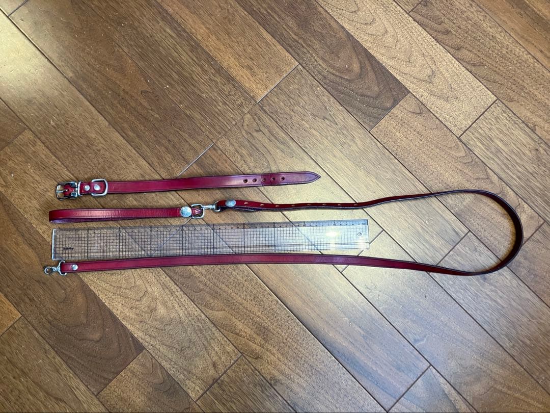 本革　首輪・リードセット　赤