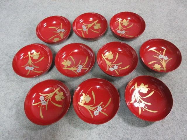 朱塗蒔絵花柄木皿10枚 [B25359]