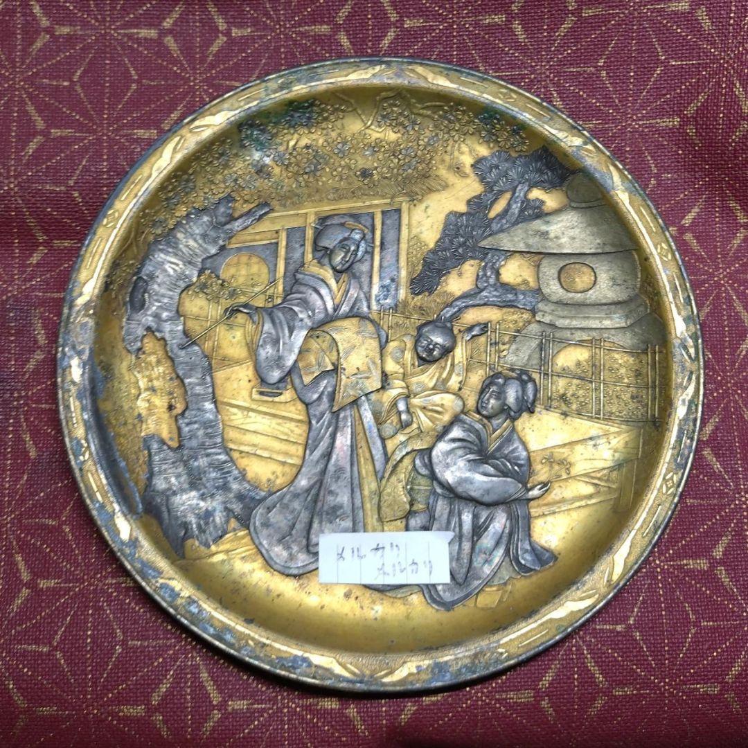 日本美術 金銀象嵌 江戸美人図 絵皿 金属工芸