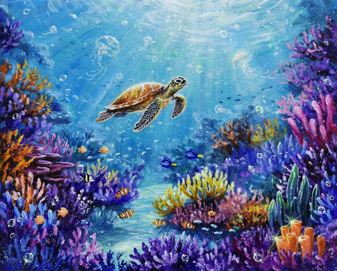 【海中世界】アクリル画 F3 風景画 絵画