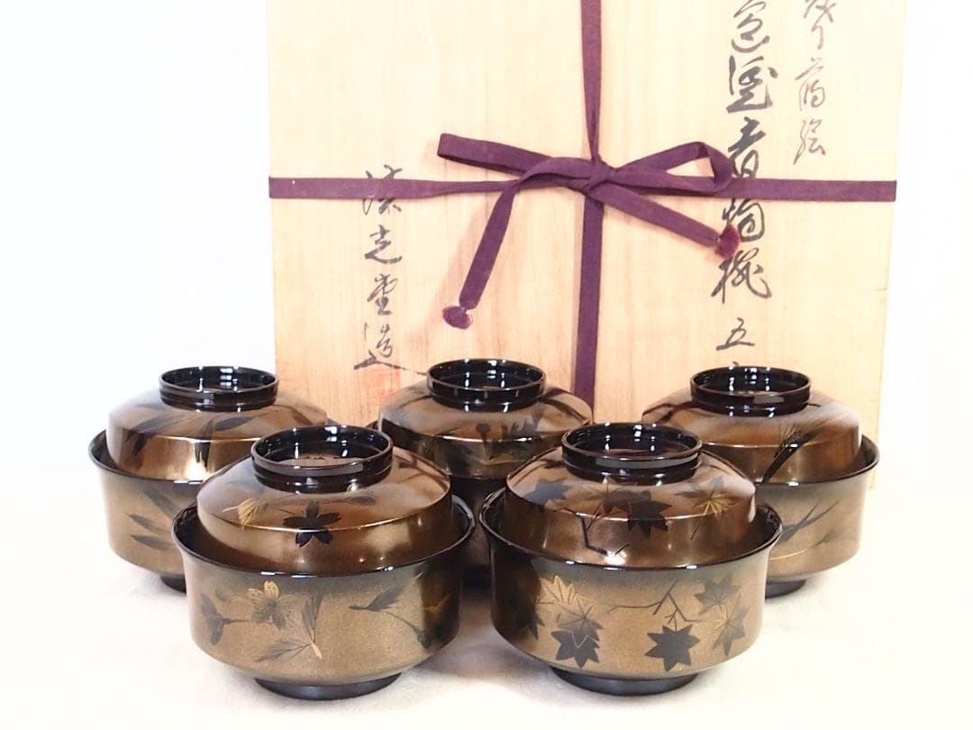 【高級・極美品】輪島塗 漆光堂 金地 絵変わり蒔絵 煮物椀 5客 雑煮椀 漆器