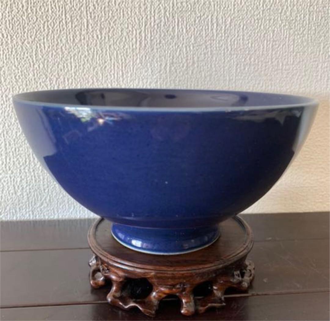 中国古美術　清時代霁蓝釉茶碗 XG3-2