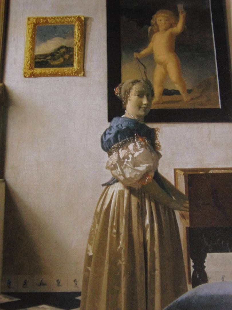 ヨハネス・フェルメール、「ヴァージナルの前に立つ女」、希少な画集の額装画