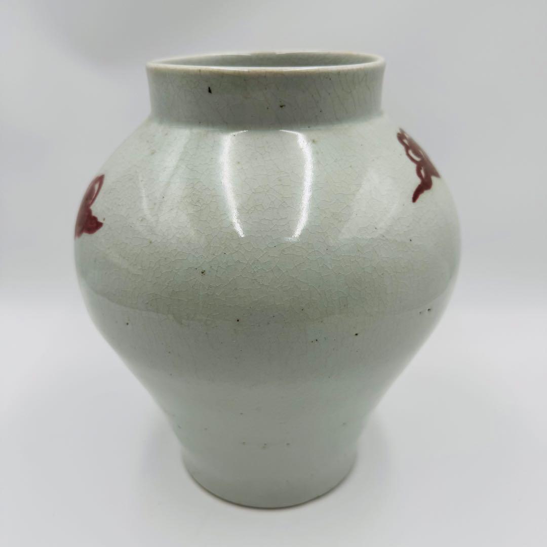 【安東五　李朝白磁辰砂花瓶　壺　鳳凰に雲　共箱】骨董　韓国美術