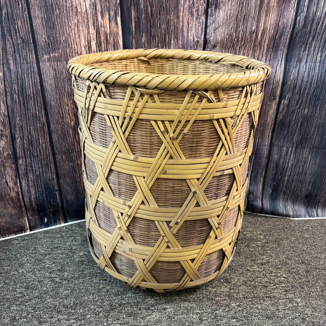 竹籠 六つ目編み 籠 アンティーク レトロ バスケット 蚤の市 筒型バスケット