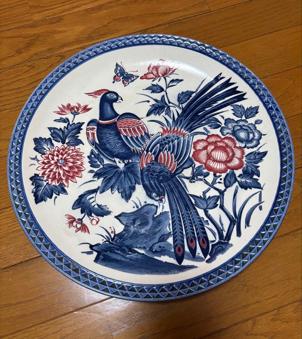 花と孔雀のデザイン 陶器皿 大皿 飾り皿
