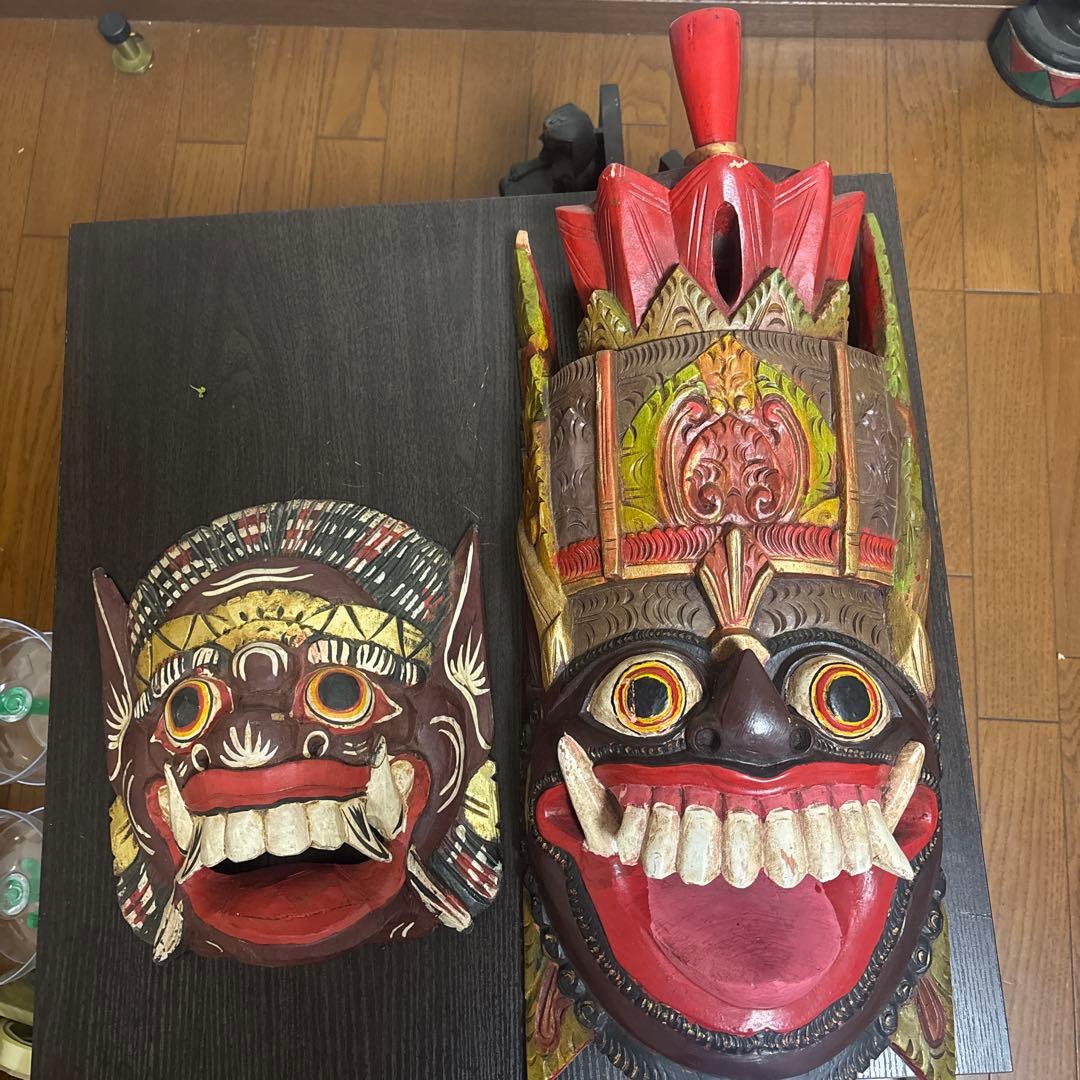 バロン 神様 木彫り 特大仮面 マスク 大型 2点セット バリ島 民族工芸