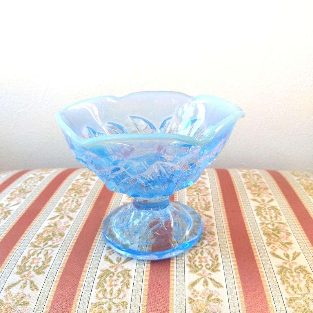 レトロ アンティーク 青色 フラワー型ガラスボウル 氷コップ デザートカップ