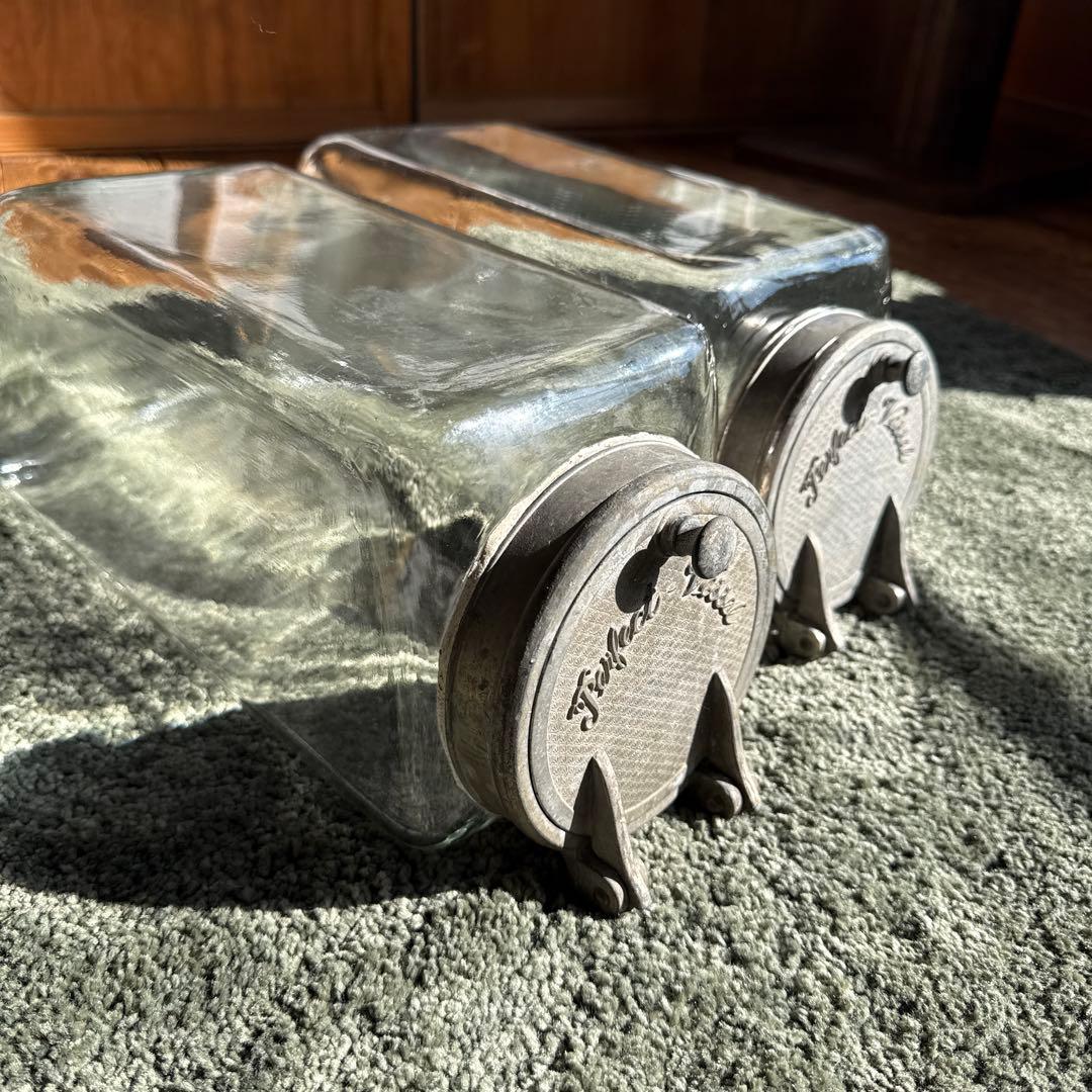 開閉蓋　駄菓子瓶ガラス　菓子屋古硝子　古道具和硝子2個　昭和レトロアンティーク