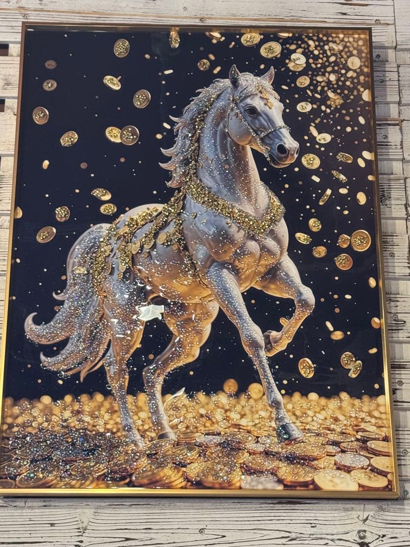 【午年/新作】クリスタルアート 水晶画 金運白ホース 黒×ゴールド 白馬　開運