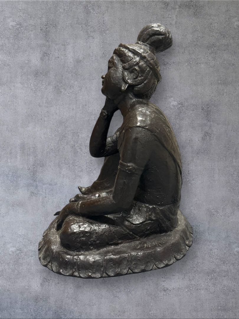 【やすらぎ】友沢正彦 おはぐろ技法 ブロンズ像 銅像 如意輪観音菩薩坐像 共箱