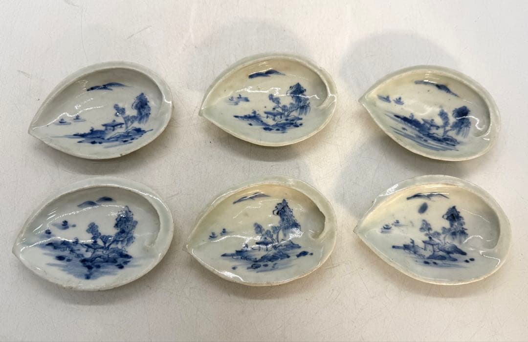 江戸　古伊万里　染付　鮑形山水人物紋小皿6点　　送料込み260130