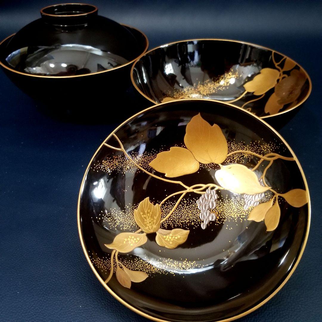 美品 輪島塗 黒漆塗 本金加賀蒔絵 金銀彩内・見返し総蒔絵 吸物椀 雑煮 2客