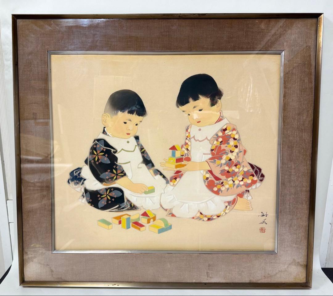 S3 日本画 田中針水 絹本 額装 児童絵