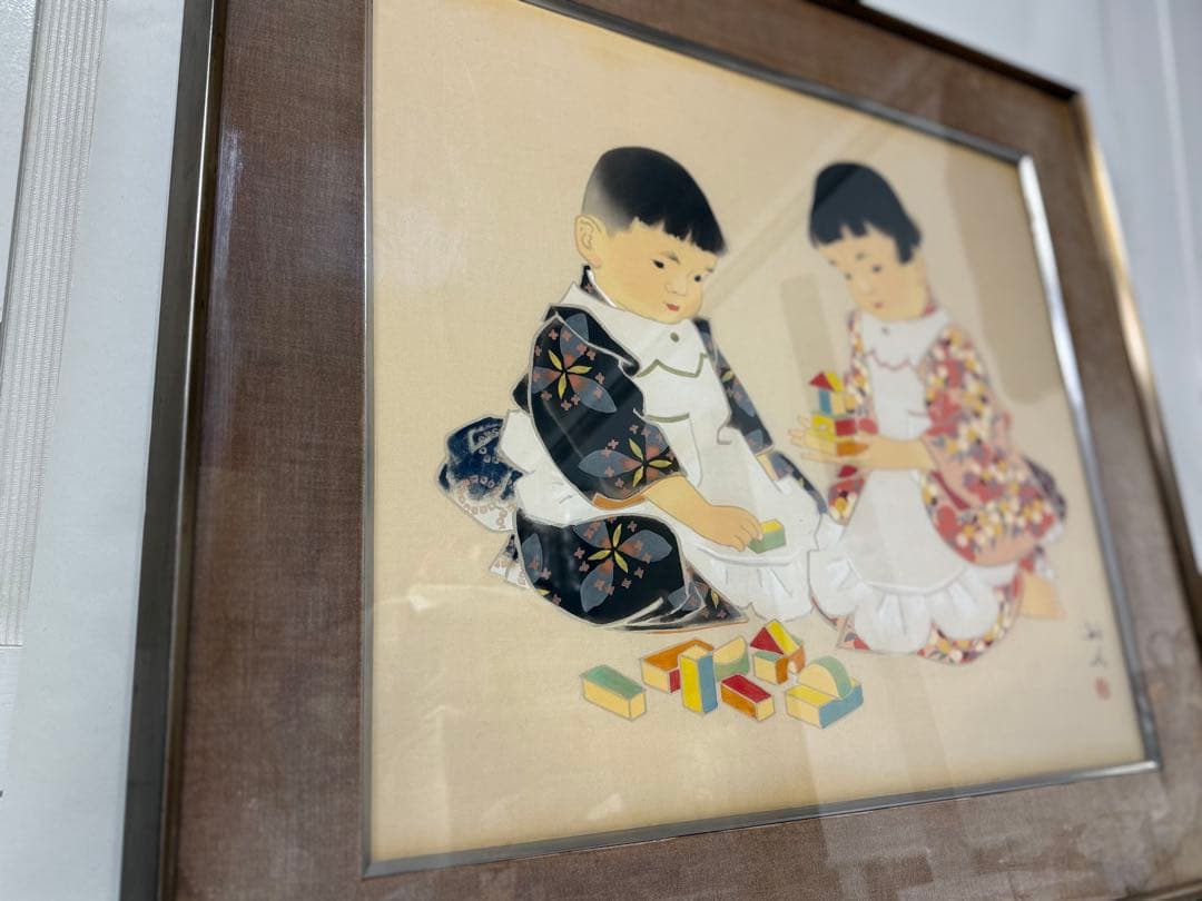 S3 日本画 田中針水 絹本 額装 児童絵