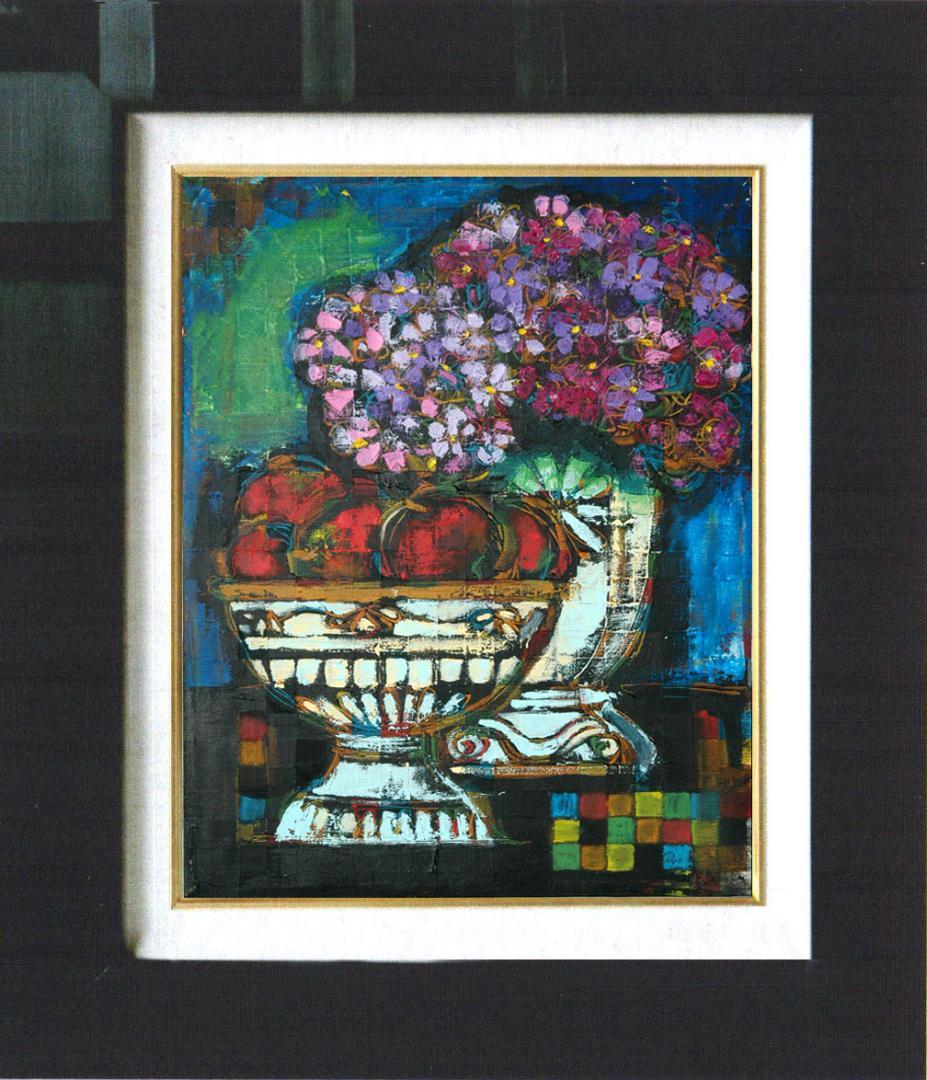 油絵 菅家令子 絵 絵画インテリア額付(黒) uF6-063504 静物花果物器