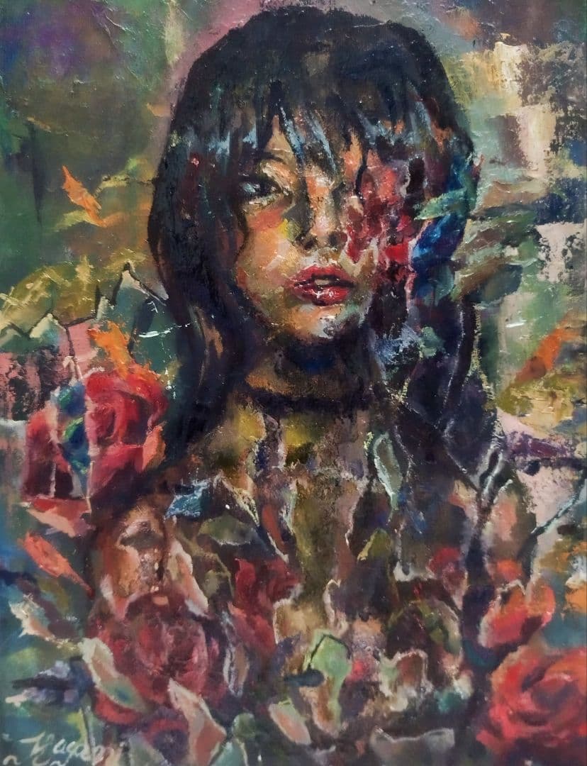 油彩画 『薔薇纏う想い』 F4 原画 一点物 アート インテリア 開運 幸運