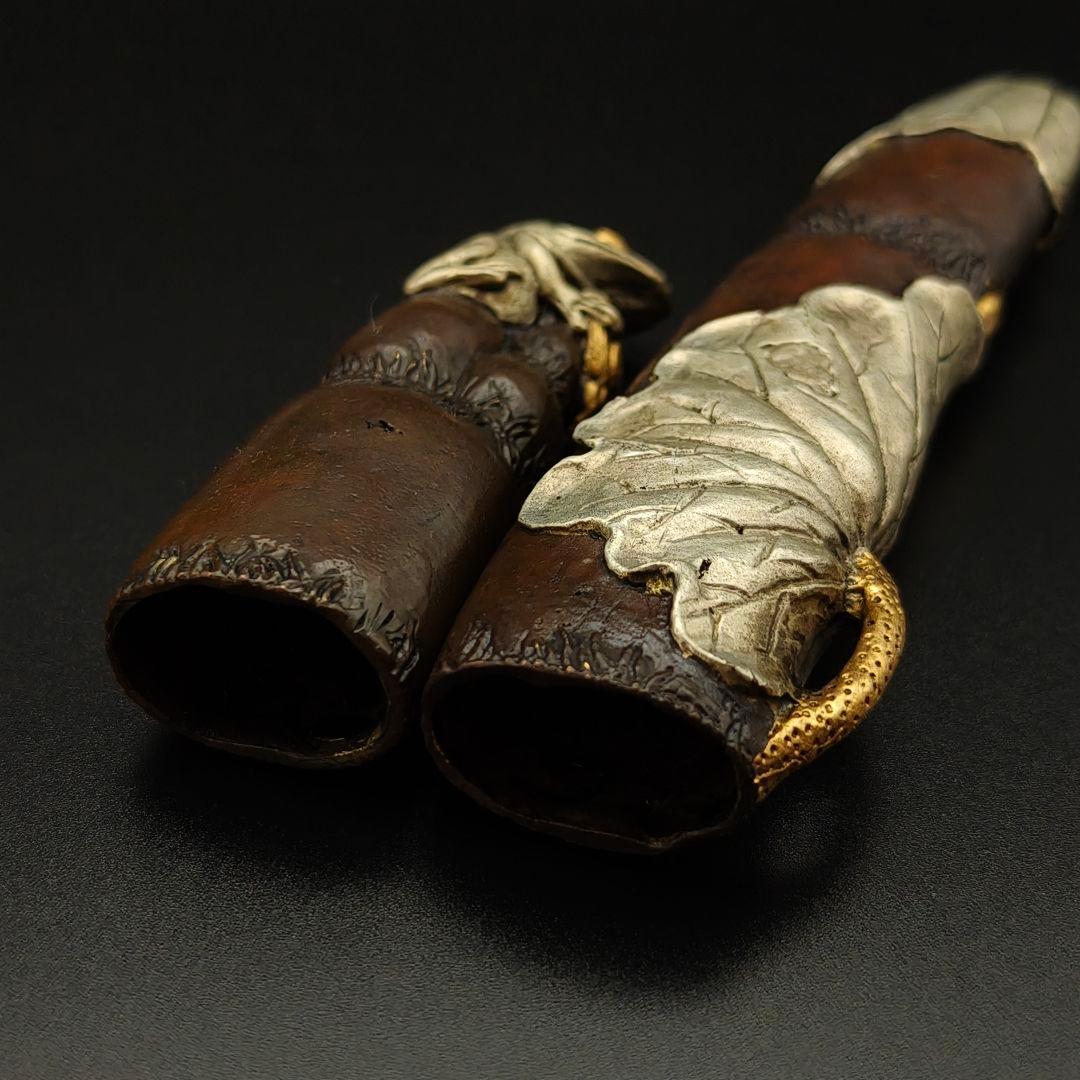 年末セール　銅製刀装具　短刀拵　柄鞘一式　蝦蟇の図　絵金銀　金工品　細工　刀装具